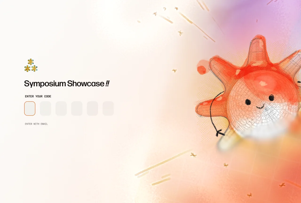 Symposium Showcase sign-in: Socratica’s three gold asterisks, Enter your code over six boxes, and a drawn orange creature with a smile on a wash of pink and orange