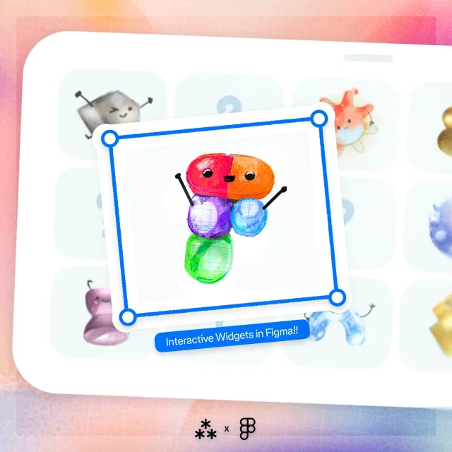 A hand-drawn creature made of the Figma logo’s shapes waves from a selected frame over a grid of other drawn creatures: Interactive Widgets in Figma, Socratica x Figma